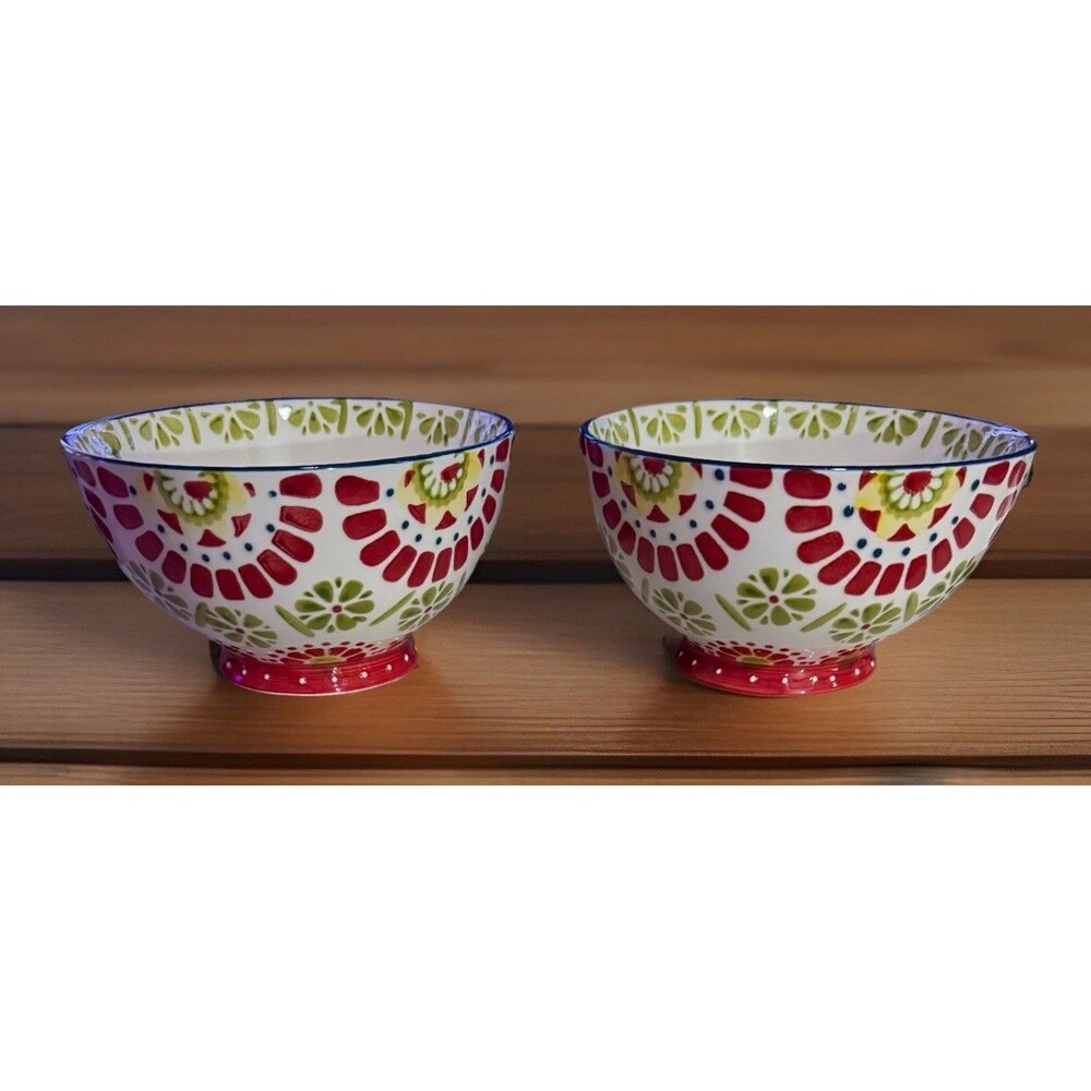 DeeCoo 6” Red & Green Floral Footed Ceramic Rice Soup Bowls - Set Of 2